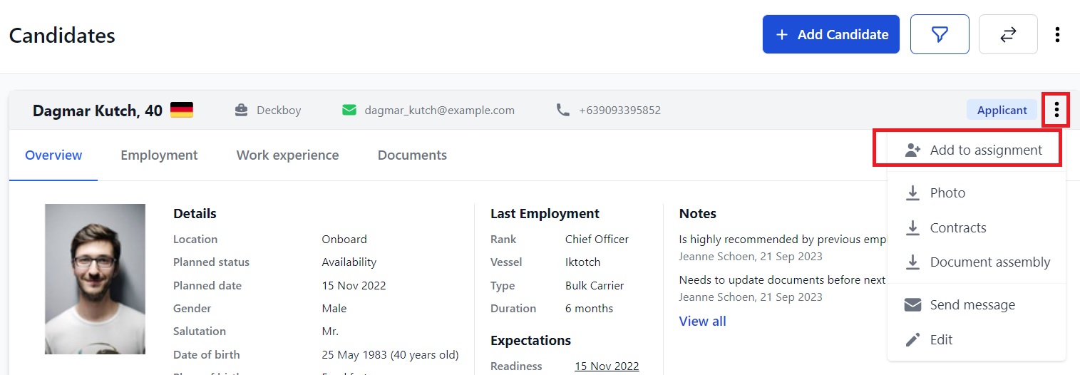 Screenshot of Martide's maritime recruitment software showing the Candidates page
