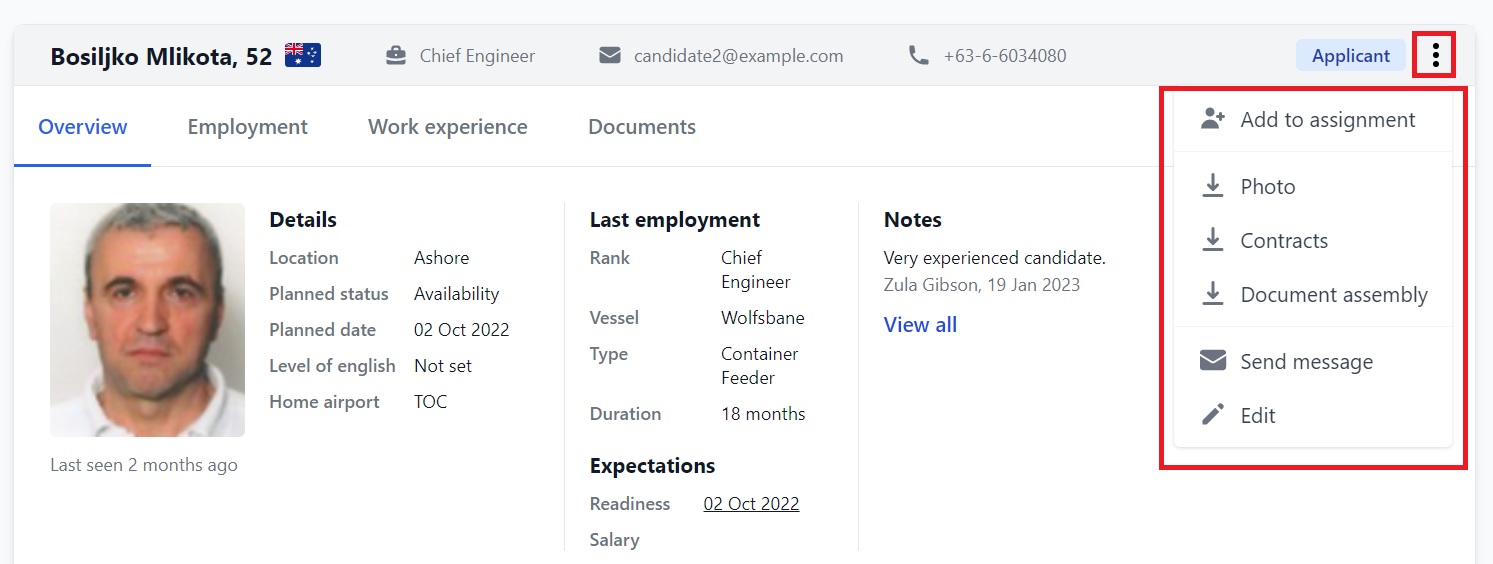 Screenshot of Martide's maritime recruitment software showing a seafarer's profile 