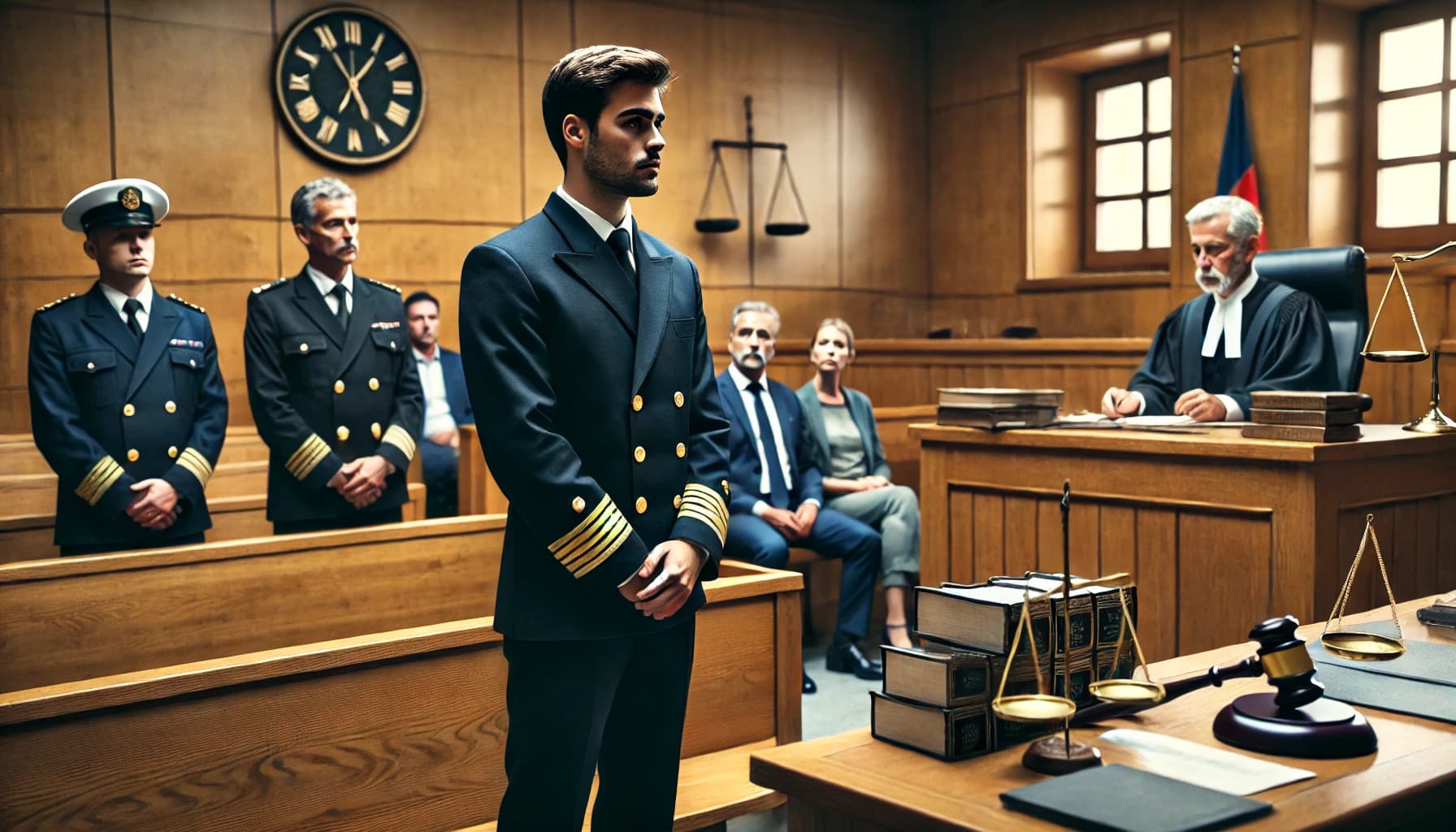 a man in seafarer uniform standing in a court of law