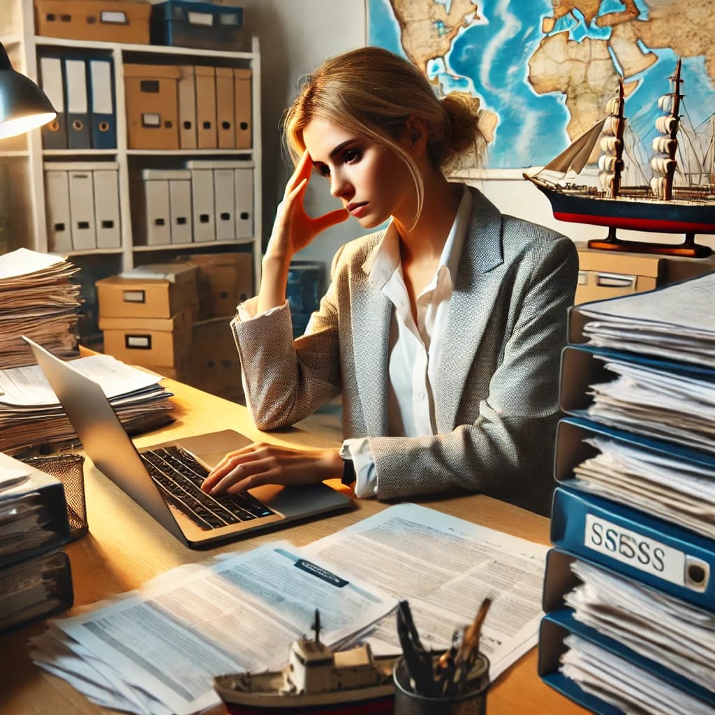 a stressed woman looking at her laptop while surrounded by paperwork