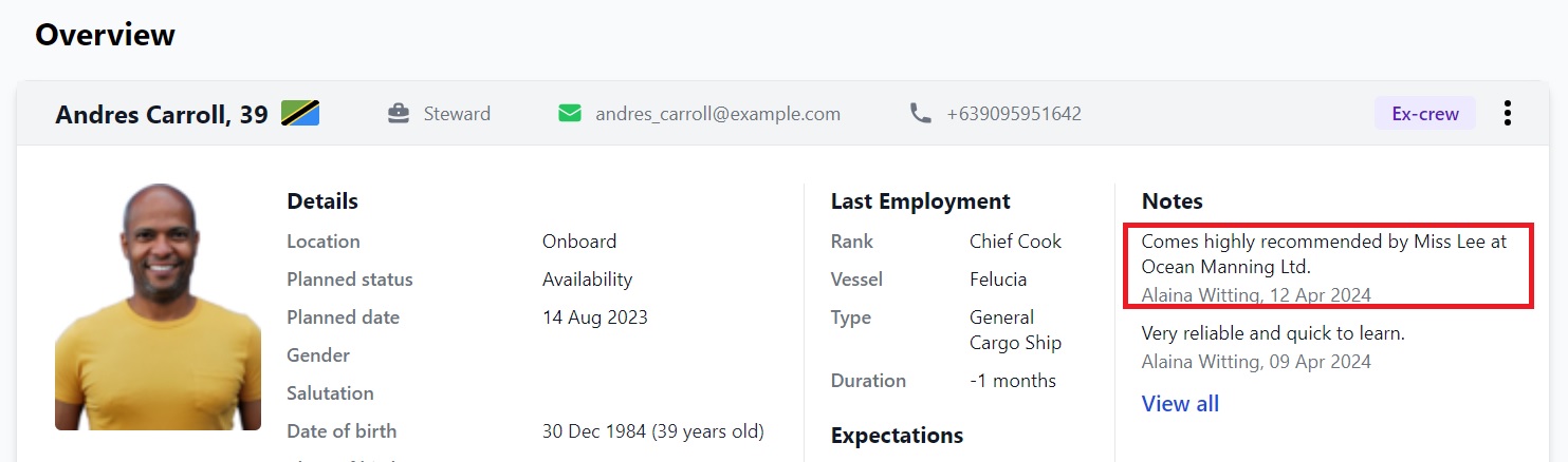 Screenshot of Martide's maritime crew management system showing a seafarer's profile feature 