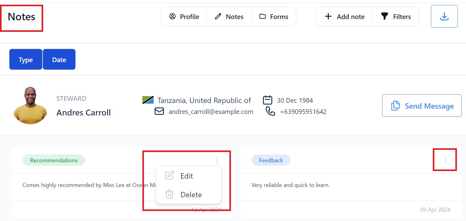 Screenshot of Martide's maritime crew management system showing a seafarer's profile feature 