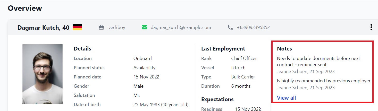 Screenshot of Martide's maritime crew management system showing a seafarer's profile feature 