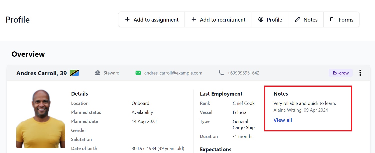 Screenshot of Martide's maritime crew management system showing a seafarer's profile feature 