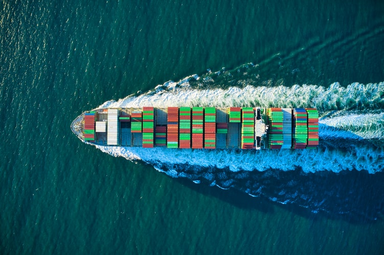 an aerial view of a container ship