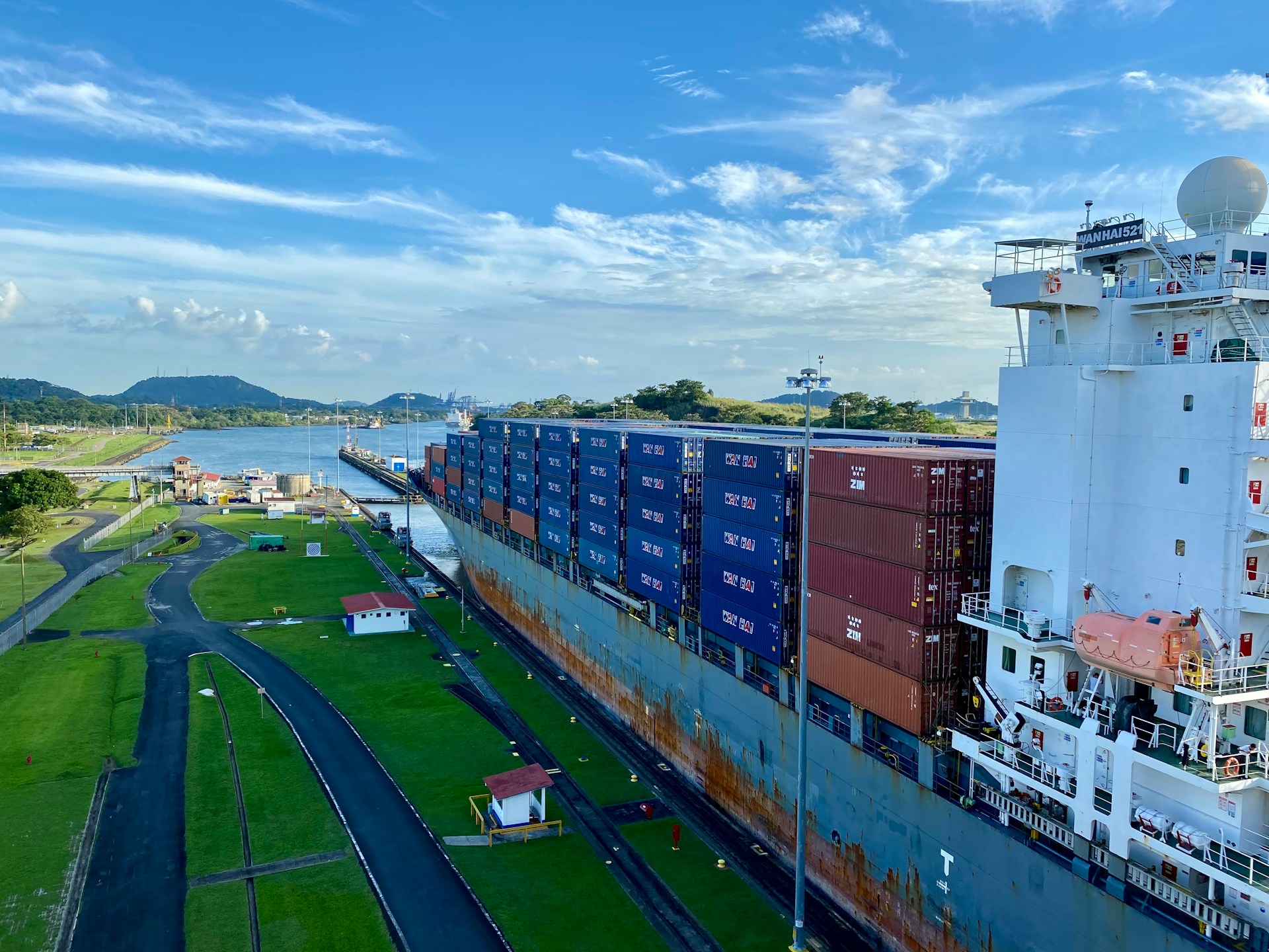 A container ship passing through the Panama Canal